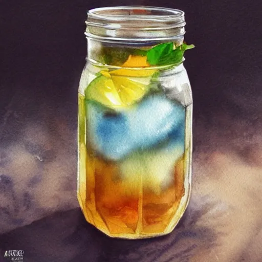 Image similar to Ice Tea in a mason jar, Watercolor, photorealistic, high resolution, award winning, trending on artstation, art by artgerm, best selling on redbubble