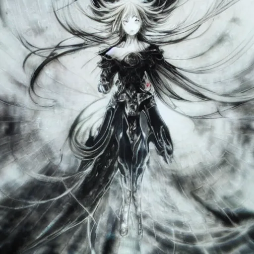 Image similar to yoshitaka amano blurred and dreamy illustration of an anime girl with pirate eye patch, wavy white hair and cracks on her face wearing elden ring armour with the cape fluttering in the wind, abstract black and white patterns on the background, noisy film grain effect, highly detailed, renaissance oil painting, weird portrait angle