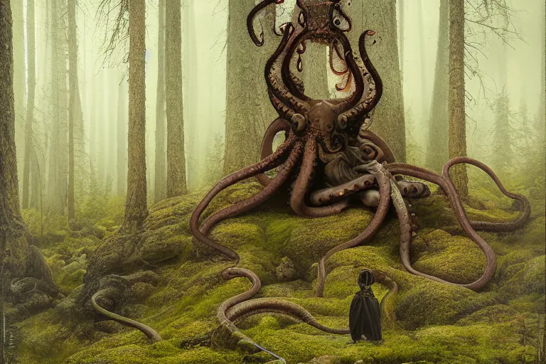 Image similar to dark demon with tentacles in a swedish forest, very low angle photograph, very detailed, trending on artstation, realistic, soft colors, illustration by john bauer, simon stålenhag