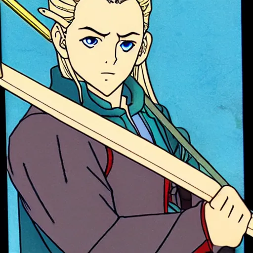 Image similar to Legolas in an 80s anime version of Lord of the Rings, holding a longbow, very detailed, ultra realistic, handpainted, Satoshi Kon, Hiyao Miyazaki, Katsuhiro Otomo