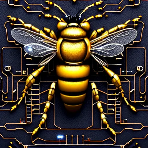 Prompt: A photorealistic miniature 3d render of a robot Bee made of circuits wide view shot by ellen jewett , tomasz alen kopera and Justin Gerard symmetrical features, ominous, magical realism, texture, intricate, ornate, royally decorated, android format, windows, many doors, roofs, complete house , whirling smoke, embers, red adornments, red torn fabric, radiant colors, fantasy, trending on artstation, volumetric lighting, micro details, 3d sculpture, ray tracing, 8k