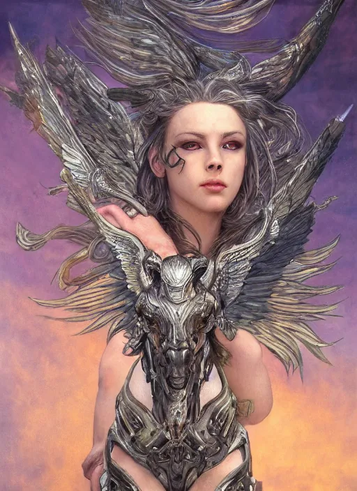 Image similar to biblical diabolical beautiful female valkyree android, on a pegasus, jump, heavy eyes to the side, closeup, bright glowing veins, in clouds, rain, sunset, portrait, by gerald brom, by mikhail vrubel, by peter elson, muted colors, extreme detail, reflections, trending on artstation, 8 k