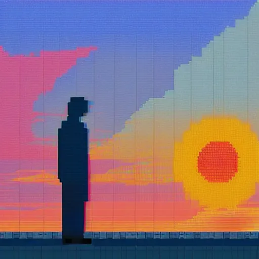 Prompt: senior man admiring the sunrise by the sea, pixel art