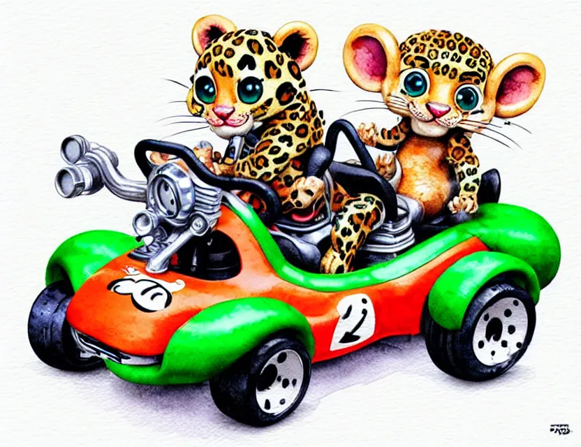 Image similar to cute and funny, baby leopard riding in a tiny go kart with oversized engine, ratfink style by ed roth, centered award winning watercolor pen illustration, isometric illustration by chihiro iwasaki, edited by range murata, tiny details by artgerm and watercolor girl, symmetrically isometrically centered