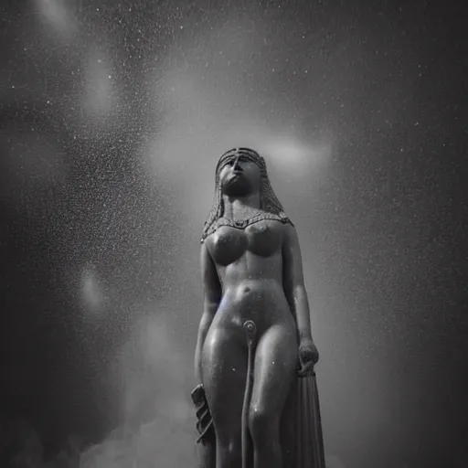 Image similar to sculpture of Cleopatra on the rain, faith, full body, low angle, night, surrounded by smoke, shadows, award winning photography