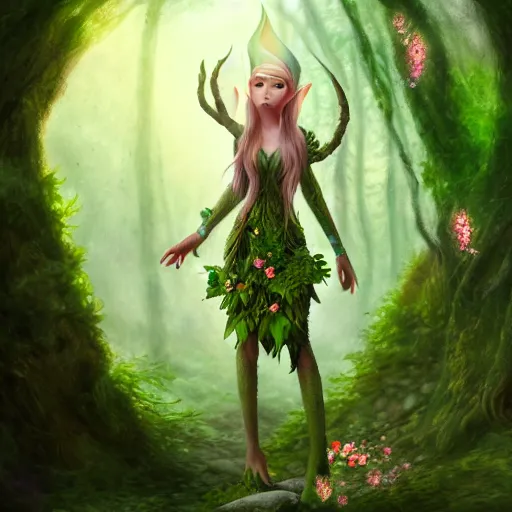 Prompt: a picture of a forest elf clothed in flowers and leaves standing on a stone in an enchanted forest, high fantasy, elegant, epic, detailed, intricate, digital painting, concept art, realistic, smooth, focus, rim light,