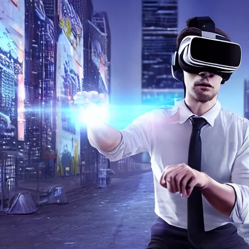 Prompt: beautiful hyper-realistic style cinematic work where a man appears with virtual reality glasses, in the background you can see a futuristic city