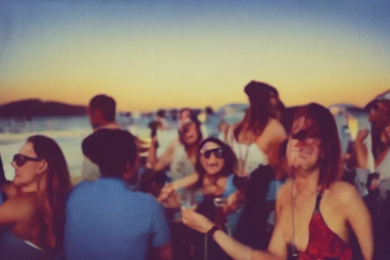 Prompt: an amazing award winning polaroid photo of animals at a party at the beach, drinking, food, bar, music, resort, praising the sun, golden hour, cinematic, atmospheric, 8k resolution, Hyperrealistic