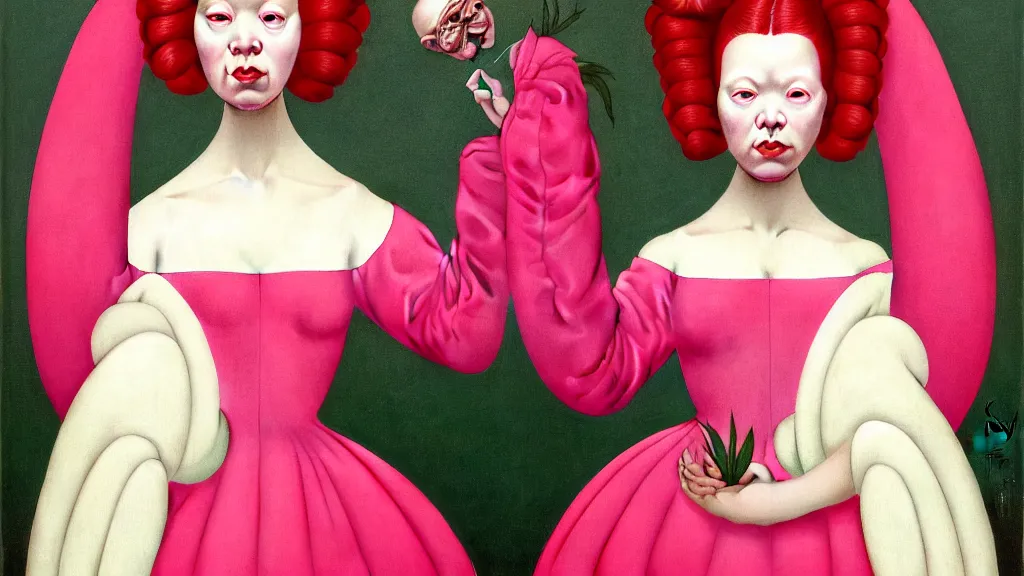 Image similar to symmetrical portrait of a woman wearing a pink silicone mask and hair rolls, wearing a red dress by alexander mcqueen, standing in a garden, cream white background, bjork aesthetic, translucent, masterpiece, in the style of rogier van der weyden and jacopo da pontormo, by mark ryden, punk, asian art,