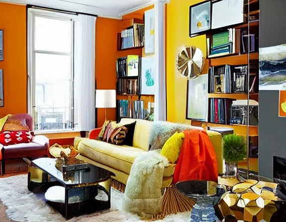 Image similar to apartment designed by nate berkus, retro 7 0 s colors