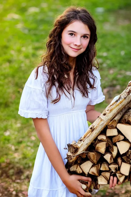 Image similar to a middle-school girl with brown eyes and unkempt wavy short brown hair wearing a white dress and holding a bundle of firewood, high resolution film still, 8k, HDR color, short hair, round face, dimples, beautiful gazing eyes