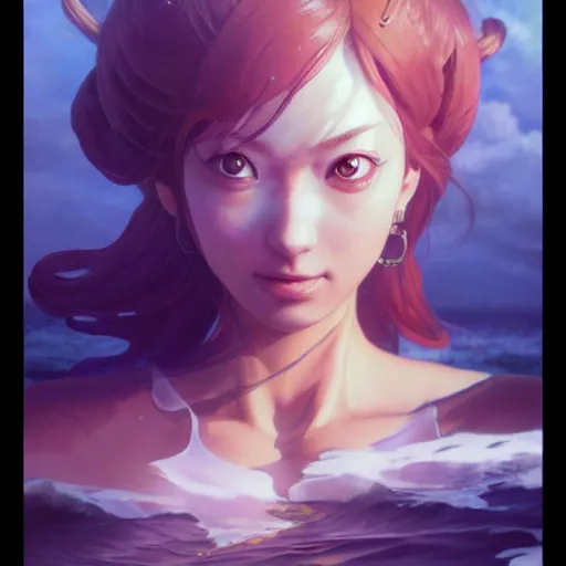 Image similar to highly detailed vfx portrait of nami by eiichiro oda!, stephen bliss, greg rutkowski, loish, rhads, beeple, makoto shinkai, tom bagshaw, alphonse mucha, sharp focus, art by artgerm and greg rutkowski, stanley kubrick, backlit, harsh overhead sunlight,