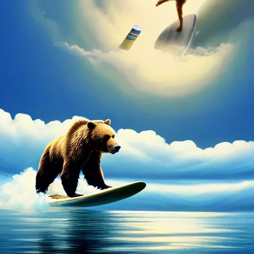 Prompt: painting of grizzly bear on a surfboard surfing through the sky, by artgerm, by justin cheung, by greg hildebrandt, by wlop, charlie bowater, golden ratio, symmetric, elegant, ornate, luxury, elite, matte painting, cinematic, trending on artstation, deviantart and cgsociety, 8 k, high resolution