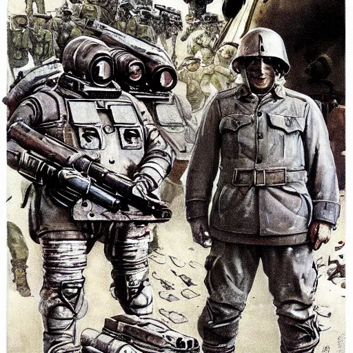 Image similar to Soviet mechs in the style of Norman Rockwell, world war 2, WWII, propaganda poster, sci-fi illustrations, highly detailed, award-winning, patriotic, soviet, ussr, dark, gritty, ink