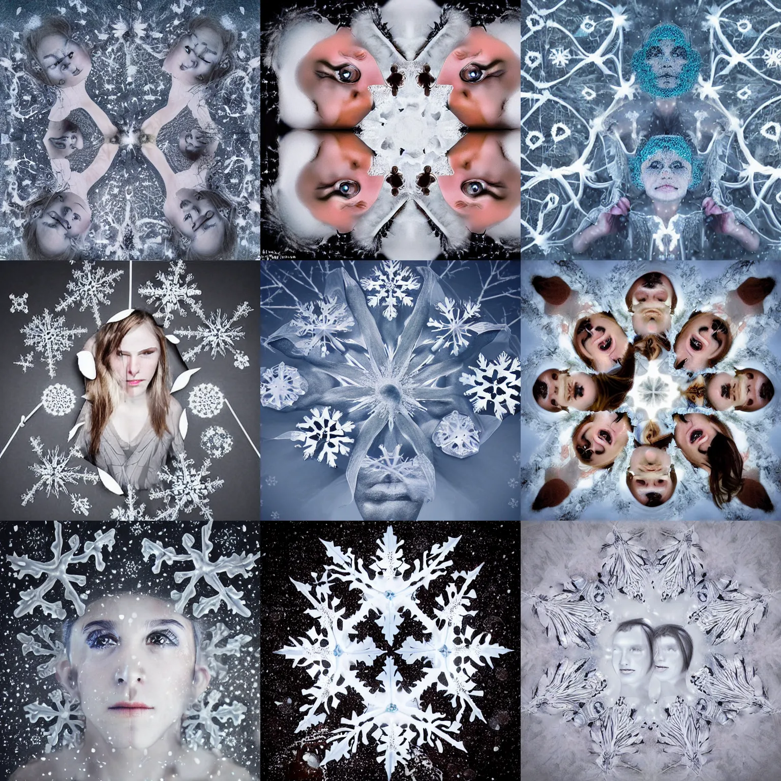 Prompt: surreal silk snowflakes with human faces in the middle surrealism photography