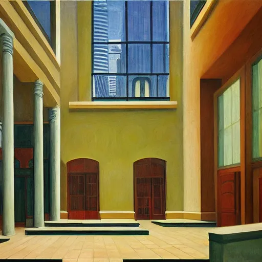 Prompt: grandiose atrium on coruscant, grant wood, pj crook, edward hopper, oil on canvas