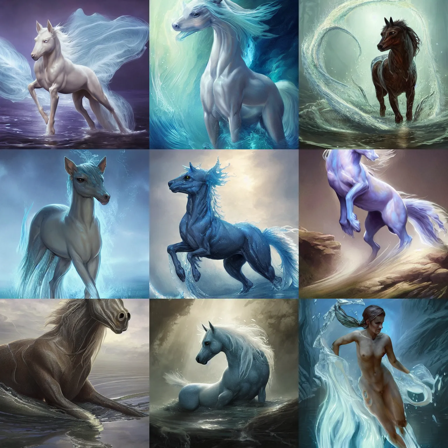 Prompt: a poney spirit made of water, translucent, transparent, ethereal, scottish mythic kelpie, hyperalism, digital painting, artstation, concept art, smooth, 8 k frostbite 3 engine, ultra detailed, art by artgerm and greg rutkowski and magali villeneuve