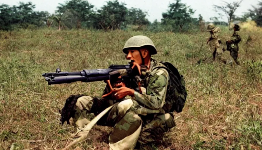 Prompt: obama fighting the war in vietnam with a rifle