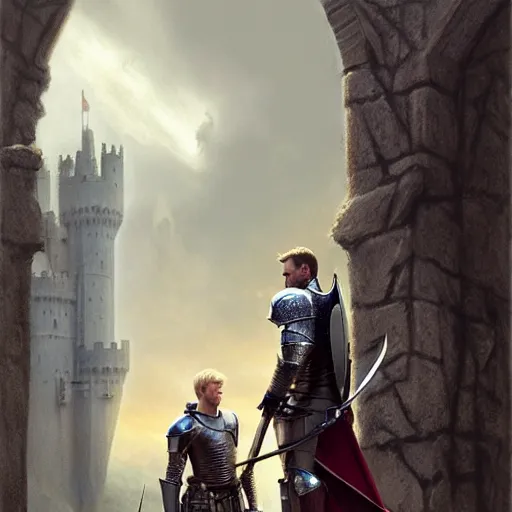 Prompt: attractive arthur pendragon and his attractive male knight, in camelot | | sunny, dreamlike art, realistic shaded, fine details, 4 k realistic, cryengine, realistic shaded lighting poster by greg rutkowski, magali villeneuve, artgerm, jeremy lipkin and michael garmash and rob rey