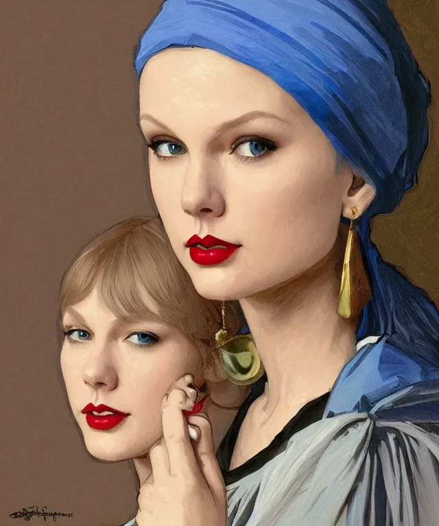 Image similar to Taylor Swift as the girl with the pearl earring, highly detailed, digital painting, artstation, concept art, smooth, sharp focus, illustration, ArtStation, art by artgerm and greg rutkowski and alphonse mucha and J. C. Leyendecker and Edmund Blair Leighton and Katsuhiro Otomo and Geof Darrow and Phil hale and Ashley wood and Ilya repin and Charlie Bowater