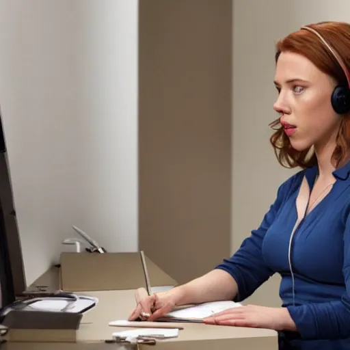 Prompt: Scarlett Johansson as Pam beesly at her desk answering the phone, photoreal broadcast quality