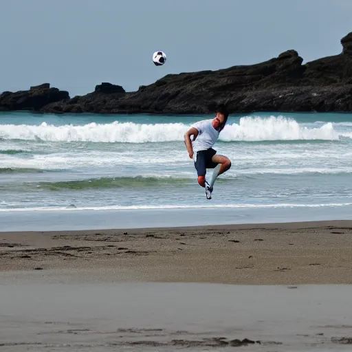 Prompt: a man kicking a ball at the beach