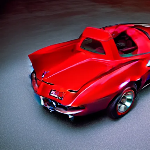 Prompt: Corvette C2 1969, red paint, in a blank studio room. Resting on a perfectly flat floor. Camera view on the car is at zero degree, facing the front.