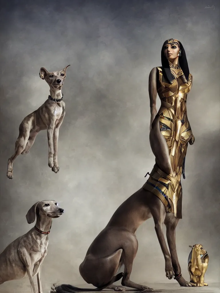 Prompt: portrait of a beautiful female ancient Egyptian goddess next to Anubis as a whippet, by Alessio Albi, painted by Artgerm