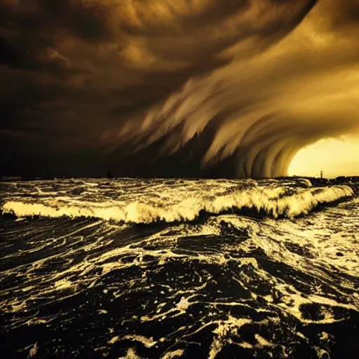 Image similar to a huge tsunami wave about to crash over manhattan, epic cinematic low angle shot from the street, looking up at the wave, end of the world vibes, dark and gloomy, details visible