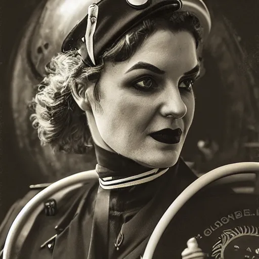 Image similar to simona sbaffi as a dieselpunk submarine captain, portrait, photography by anna fischer