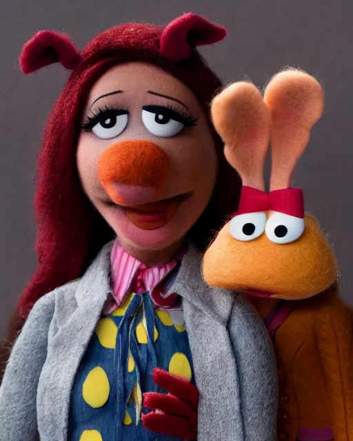 Image similar to angela martin as a muppet. highly detailed felt. hyper real photo. 4 k.