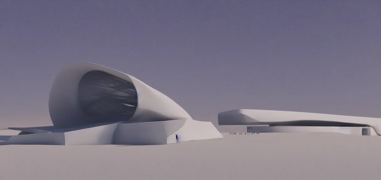 Prompt: a cresent moon in the sky shining on a white museum by zaha hadid in the desert, cinematic, render in unreal engine 5