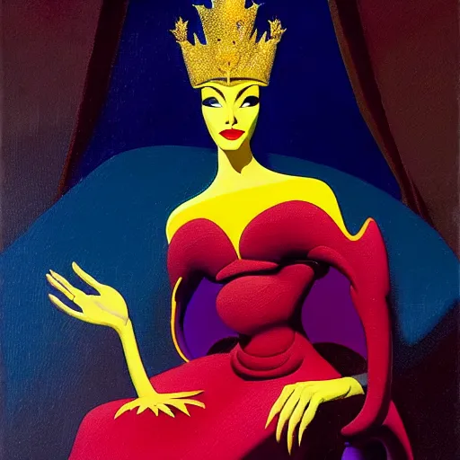 Image similar to an oil painting of a queen in a thierry mugler dress sitting on a throne, by bruce pennington, by eyvind earle, nicholas roerich, by frank frazetta, by georgia o keeffe, by dean cornwell, highly detailed, contest winner, eerie, ominous, tonalism, jewels, rich baghdad, oriental, desaturated, anime