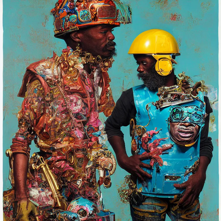 Prompt: portrait of a caribbean welder in ornate motorcycle helmet, background turquoise plastic bag, circuitboard, rich deep colors, ultra detail, by francis bacon, james ginn, petra courtright, jenny saville, gerhard richter, zdzisaw beksinsk, takato yamamoto. stanley kubrick mood, masterpiece, elegant fashion, studio ighting, 3 5 mm