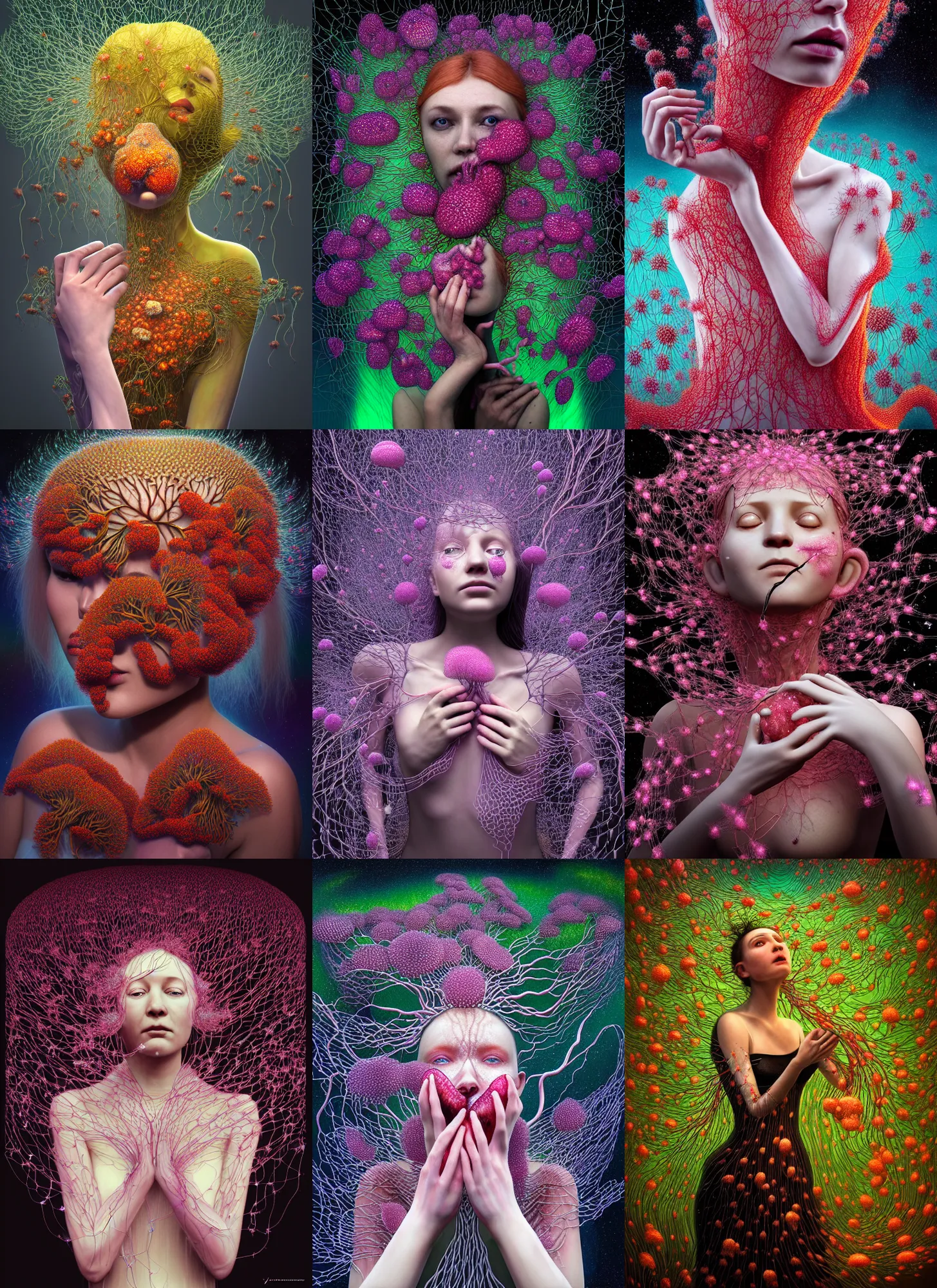 Prompt: hyper detailed 3d render like a Oil painting - Aurora (Singer) Eats of the Strangling network of mindful Fruit and Her delicate Hands hold of gossamer polyp blossoms which bring delicious dripping fungal flowers whose spores black the forgetful stars to her mouth - by Jacek Yerka, Mariusz Lewandowski, Houdini algorithmic generative render, reaction-diffusion pattern, Abstract brush strokes, Masterpiece, Edward Hopper and James Gilleard, Zdzislaw Beksinski, Mark Ryden, Wolfgang Lettl, hints of Yayoi Kasuma, octane render, 8k