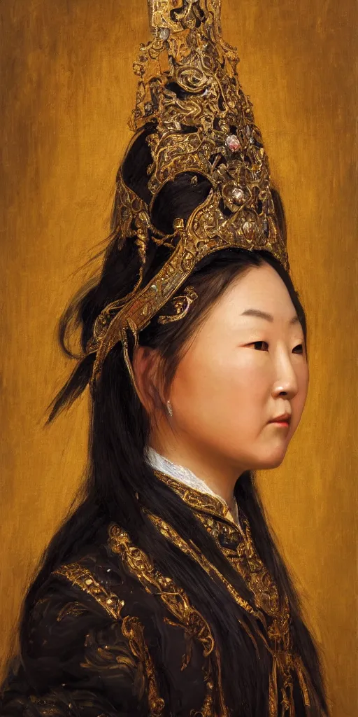 Prompt: Highly detailed and cinematic Rococo period oil painting of an Mongolian princess face portrait, an oil painting ((masterpiece)) by ((Josep Tapiró Baró)), RPG portrait, dynamic lighting, 8K