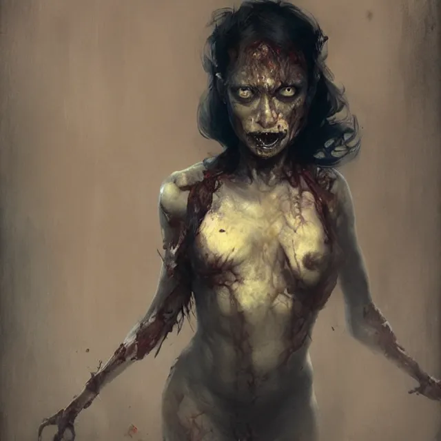 Image similar to hyper realistic photo portrait zombie woman cinematic, greg rutkowski, james gurney, mignola, craig mullins, brom