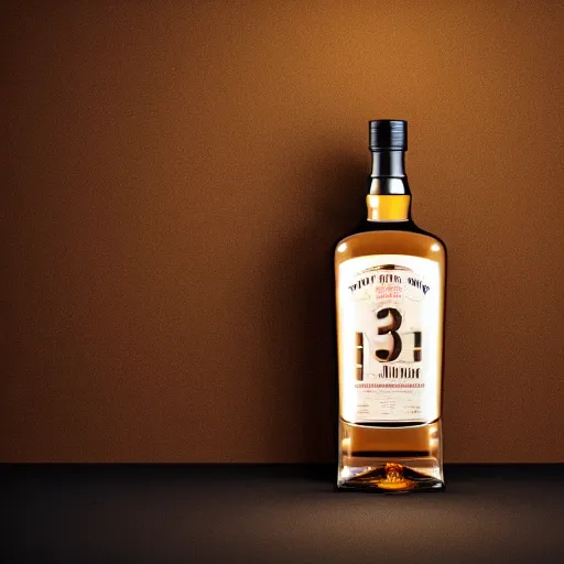 Prompt: photorealistic rendering of whisky bottle for advertising, blank black label, studio light