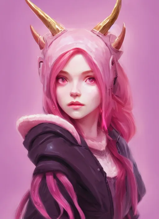 Prompt: a highly detailed illustration of cute smug pink haired pale girl with curved horns wearing oversized pink hoodie, dramatic smirk pose, intricate, elegant, highly detailed, centered, digital painting, artstation, concept art, smooth, sharp focus, league of legends concept art, wlop.