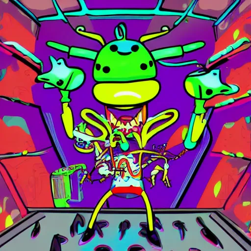 Image similar to artgerm, psychedelic laughing cybertronic mr. krabs, rocking out, headphones dj rave, digital artwork, r. crumb, svg vector