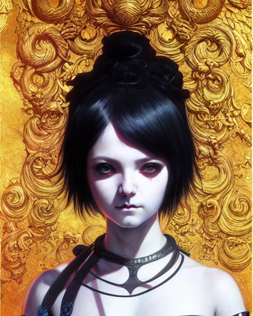 Image similar to portrait of beautiful cute young goth maiden girl with short white hairs in warhammer armor, art by ( ( ( kuvshinov ilya ) ) ) and wayne barlowe and gustav klimt and artgerm and wlop