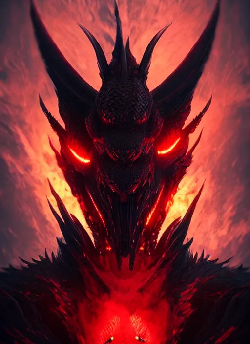 Prompt: black dragon with red demonic eyes on the red smoke background, chthonic, photorealistic, ultra detailed, trending on artstation, concept art, octane render, unreal engine, by shinji aramaki, by christopher balaskas, by krenz cushart