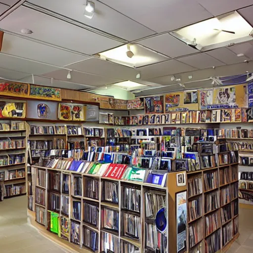 Image similar to photograph of the inside of a DVD shop, detailed