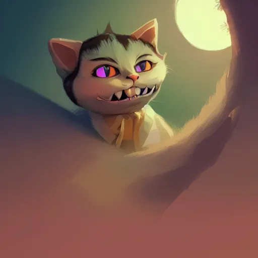 Prompt: cheshire cat, in the style of atey ghailan and james gilleard, exquisite lighting, art, very coherent, trending on artstation
