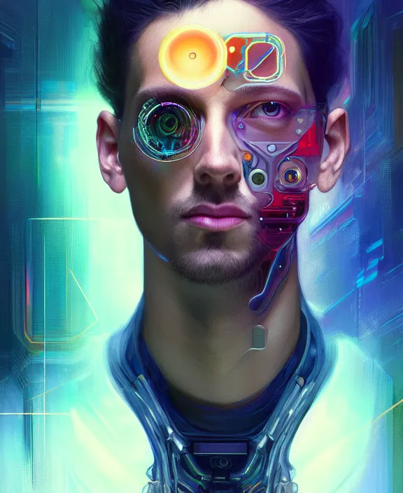 Image similar to a whirlwind inside the metaverse, guy, male, man, hologram, half body, neurochip, android, cyborg, cyberpunk face, by loish, d & d, fantasy, intricate, elegant, highly detailed, colorful, digital painting, artstation, concept art, art by artgerm and greg rutkowski and alphonse mucha