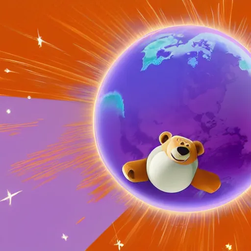 Image similar to cartoon illustration of a bear mascot being launched from a futuristic marble planet, purple and orange cloudland