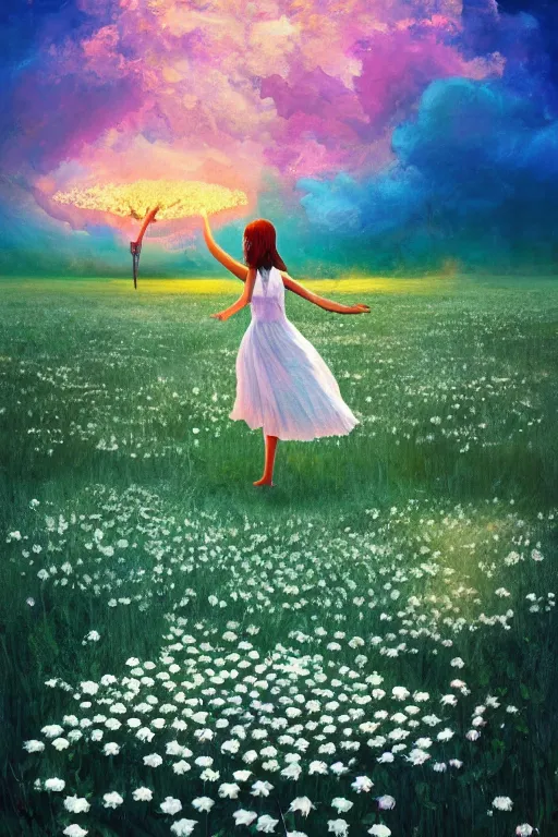 Image similar to giant white daisy flower as head, girl dancing in a flower field, surreal photography, sunrise, dramatic light, impressionist painting, colorful clouds, digital painting, artstation, simon stalenhag