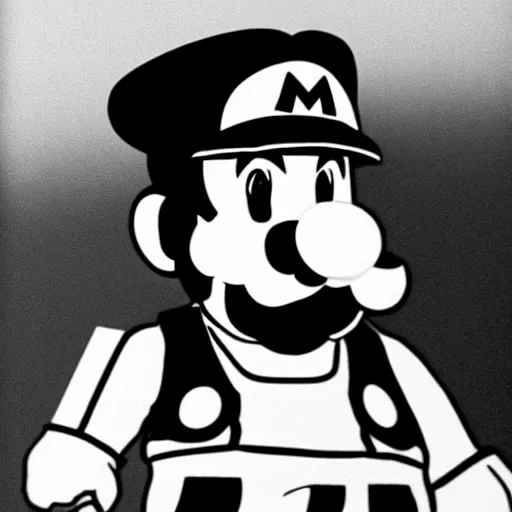 Image similar to realistic photograph of nintendo Mario in a hat with an M smoking in a french new wave Godard film aesthetic, black and white