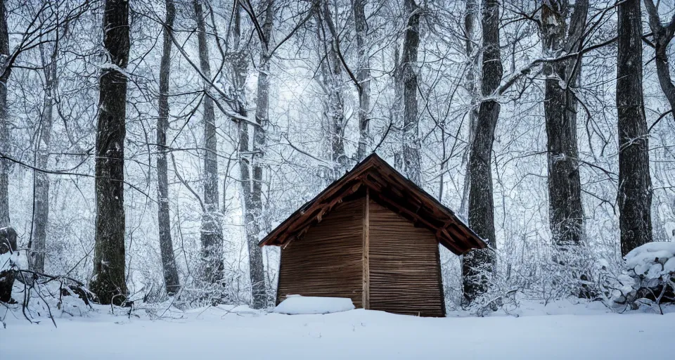 Image similar to a wooden hut at a clearing in the woods, snowy, light inside the hut, realistic, epic composition, 4 k