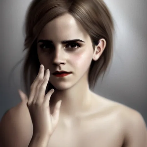 Prompt: Emma Watson showing her ring on correct cute female finger and thumb, realistic, digital painting, portrait, elegant, cinematic lighting, mysterious, highly detailed, artstation, concept art, illustration, smooth, sharp focus, editor's pickup, trending on artstation, trending on deviantart, alphonse mucha, WLOP